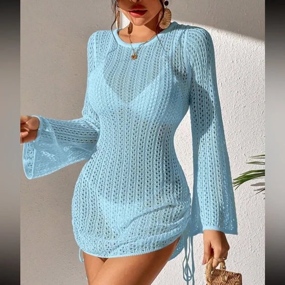 Baby blue crochet ruched tie drawstring side tie back mini cover up dress - Picture 6 of 6